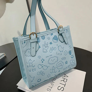 Casual PU Leather Shoulder Bag Autumn Cartoon Printing Female Crossbody Bag