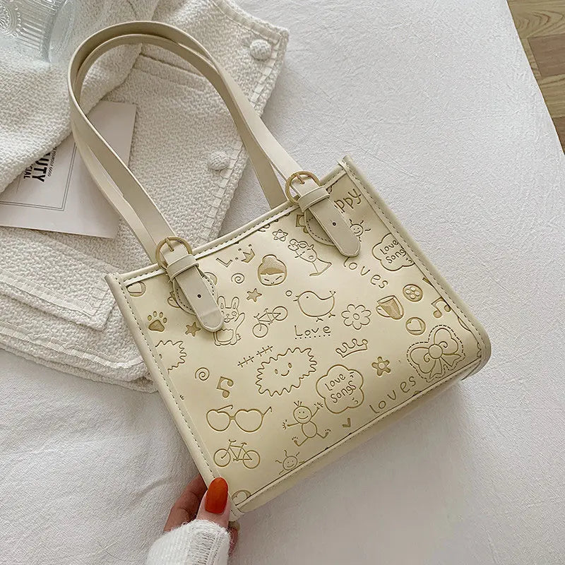 Casual PU Leather Shoulder Bag Autumn Cartoon Printing Female Crossbody Bag