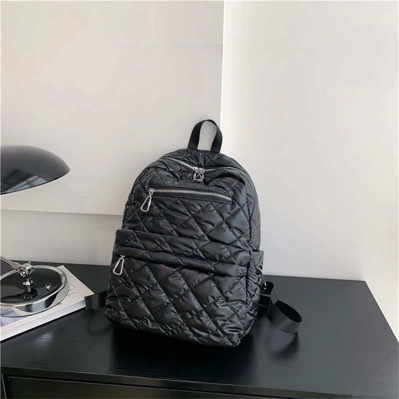 Quilted Down Fabric Backpack for Women Laptop Travel School Bagpack
