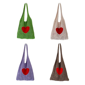 Casual Hollow Shoulder Bag Heart Knitted Bag Handbag Large Capacity