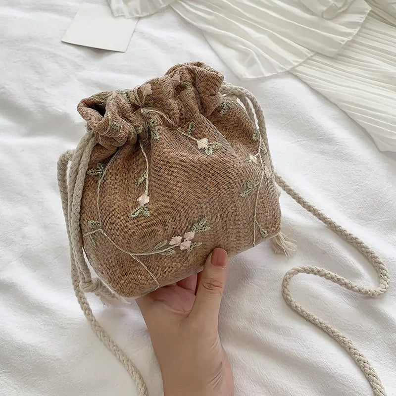 Embroidered Lace Crossbody Bag with Drawstring