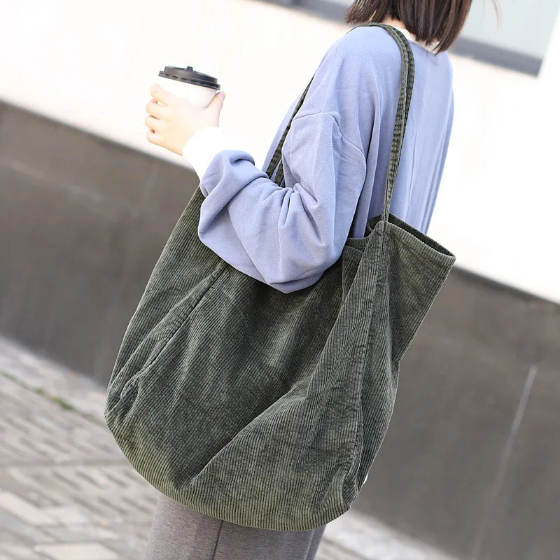Casual Large Capacity Shopping Bag Corduroy Canvas Tote Bag