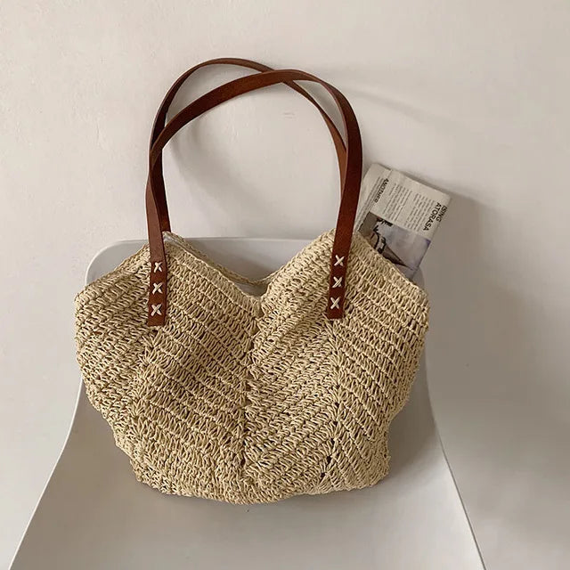 Casual Large Straw Tote Bag Woven Women Shoulder Bags Summer Beach Handbag