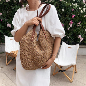 Casual Large Straw Tote Bag Woven Women Shoulder Bags Summer Beach Handbag