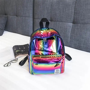Casual Laser Backpack Bag PVC Shoulder Student School Backpack Silver Hologram