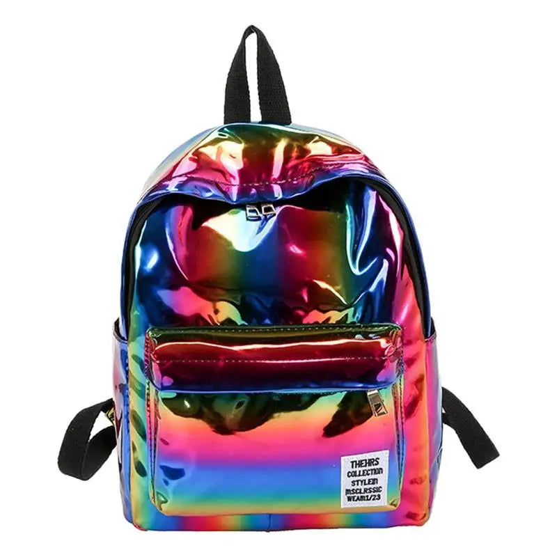 Casual Laser Backpack Bag PVC Shoulder Student School Backpack Silver Hologram