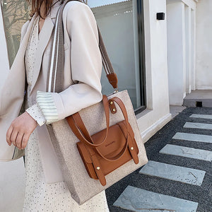 Casual Linen Shoulder Bag Wide Strap Handbag Big Tote