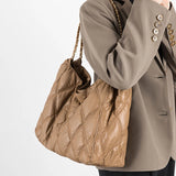 Casual Lingge Quilted Shoulder Bag Chains Padded Lady Handbags Nylon Tote Big Pu
