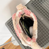 Small Plush Shoulder Bag Zipper Purse Faux Lambswool Checked Plaid