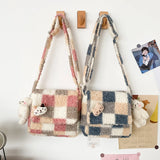 Small Plush Shoulder Bag Zipper Purse Faux Lambswool Checked Plaid