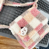 Small Plush Shoulder Bag Zipper Purse Faux Lambswool Checked Plaid