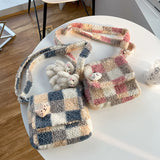 Small Plush Shoulder Bag Zipper Purse Faux Lambswool Checked Plaid