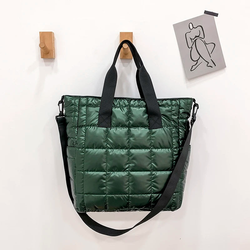 Green Quilted Shoulder Bag Nylon Handbag for Women