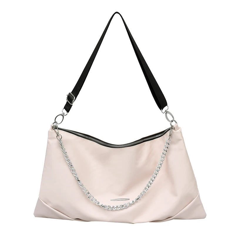 Casual Nylon Tote Bag for Women Large Capacity Shoulder Bag Metal Chain Handbag