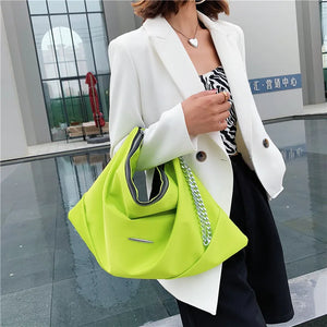 Casual Nylon Tote Bag for Women Large Capacity Shoulder Bag Metal Chain Handbag