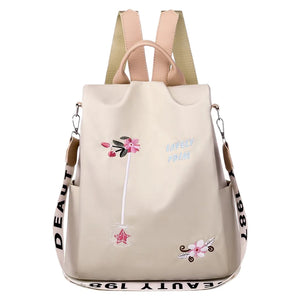 Flower Embroidered Oxford Cloth Backpack School Book Bag