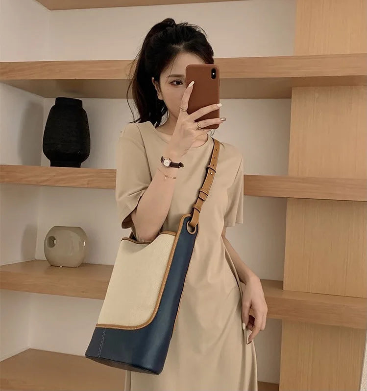 Canvas Bucket Bag Crossbody - Large Capacity Tote Purse