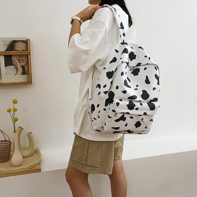 Casual Plush Cow Pattern Backpack School Shoulder Bag Women Travel Rucksack