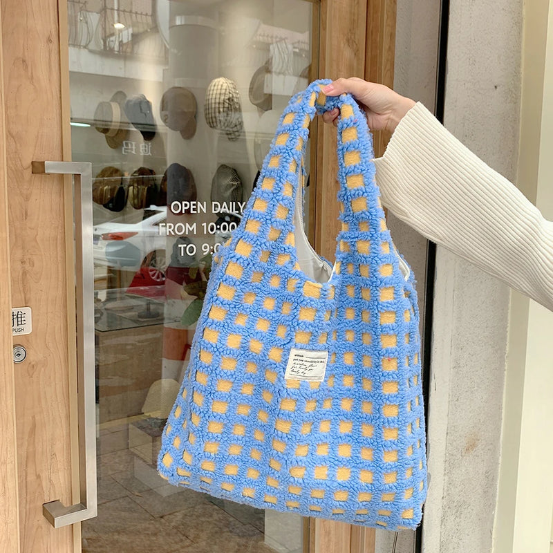 Soft Plush Shoulder Bag Waffle Plaid Portable Handbag