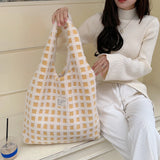 Soft Plush Shoulder Bag Waffle Plaid Portable Handbag
