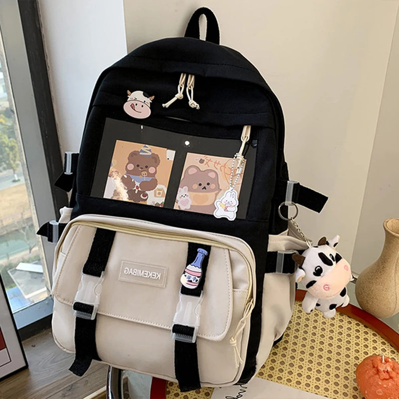Preppy Style Canvas School Bags with Cow Pendants