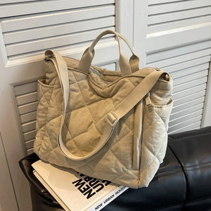 Quilted Women Shoulder Bags Canvas Tote Soft Padded Handbags Lingge Shopper