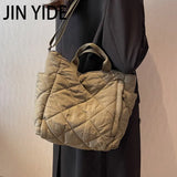 Quilted Women Shoulder Bags Canvas Tote Soft Padded Handbags Lingge Shopper