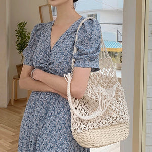 Casual Rattan Woven Women Handbag Big Straw Mesh Rope Weaving
