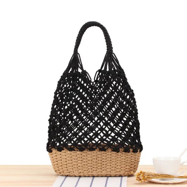 Casual Rattan Woven Women Handbag Big Straw Mesh Rope Weaving