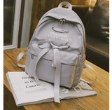 Casual Ribbon School Backpack Women Solid Canvas School Bag For Teenage Girls