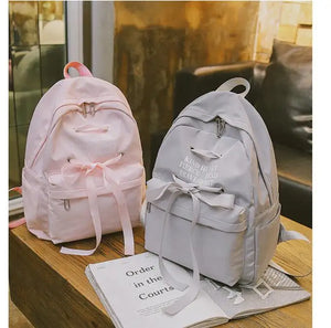 Casual Ribbon School Backpack Women Solid Canvas School Bag For Teenage Girls