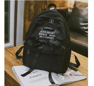 Casual Ribbon School Backpack Women Solid Canvas School Bag For Teenage Girls