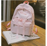 Casual Ribbon School Backpack Women Solid Canvas School Bag For Teenage Girls