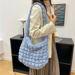 Ruched Quilted Canvas Shoulder Bag Women Handbag Crossbody Large Capacity Purse