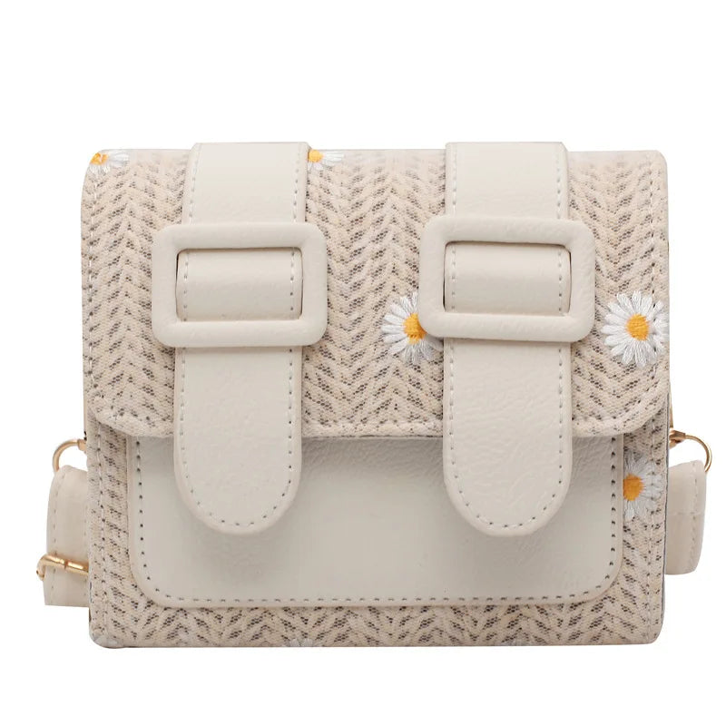 Daisy Embroidery Crossbody Bag Ladies Shoulder Straw Bag