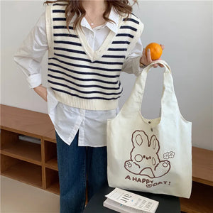 Casual Cartoon Print Canvas Shoulder Bag Women Large Capacity Tote Bag