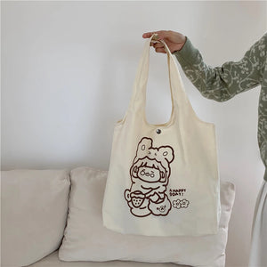 Casual Cartoon Print Canvas Shoulder Bag Women Large Capacity Tote Bag