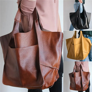 Casual Soft Tote Women Handbags Aged Metal Look PU Leather Shoulder Bag