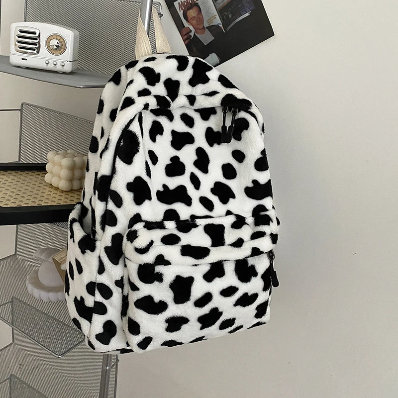 Plush Cow Pattern School Backpack Large Capacity Street Travel Bagpack
