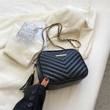 Casual Square Crossbody Bag Tassel Chain Shoulder Bag Striped Pu Leather