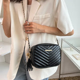 Casual Square Crossbody Bag Tassel Chain Shoulder Bag Striped Pu Leather