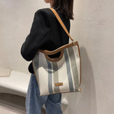Casual Striped Canvas Tote Bag Women Shoulder Bags Lady Handbags