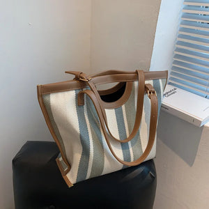 Casual Striped Canvas Tote Bag Women Shoulder Bags Lady Handbags