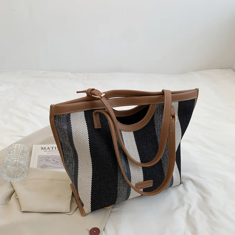 Casual Striped Canvas Tote Bag Women Shoulder Bags Lady Handbags