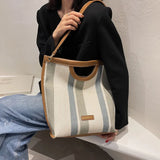 Casual Striped Canvas Tote Bag Women Shoulder Bags Lady Handbags
