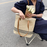 Striped Straw Bag For Women Large Capacity Woven Shoulder Bag