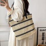 Striped Straw Bag For Women Large Capacity Woven Shoulder Bag