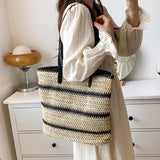 Striped Straw Bag For Women Large Capacity Woven Shoulder Bag