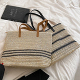 Striped Straw Bag For Women Large Capacity Woven Shoulder Bag