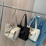 Casual Canvas Tote Bag for Women Spring Solid Shoulder Travel Schoolbag